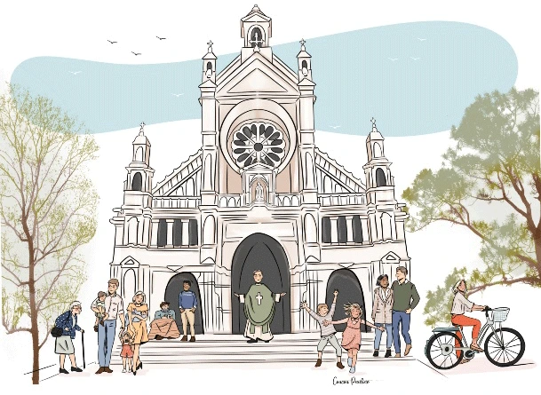 Dessin humoristique représentant l'église Sainte-Catherine. Un prêtre se tient dans l'entrée principale, accueillant les passants. Diverses personnes se promènent devant l'église : un homme âgé avec une canne, une personne assise sur un banc, un groupe de personnes discutant et une femme faisant du vélo.