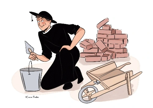 Dessin humoristique représentant un prêtre, reconnaissable à son col romain et sa tenue noire, agenouillé sur un chantier de construction. Il tient une truelle et semble prêt à travailler. À côté de lui, on voit un seau, une pile de briques et une brouette. L'image suggère un contraste humoristique entre la profession ecclésiastique du prêtre et le travail manuel du chantier.